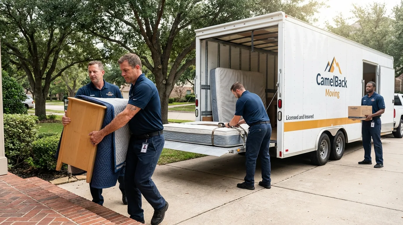 Crew loading residential truck for cross-state move from Belleville, WI
