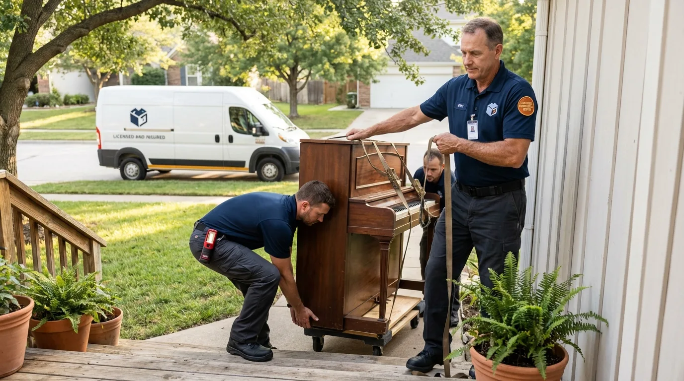 Licensed piano movers securing grand piano in Belleville, WI