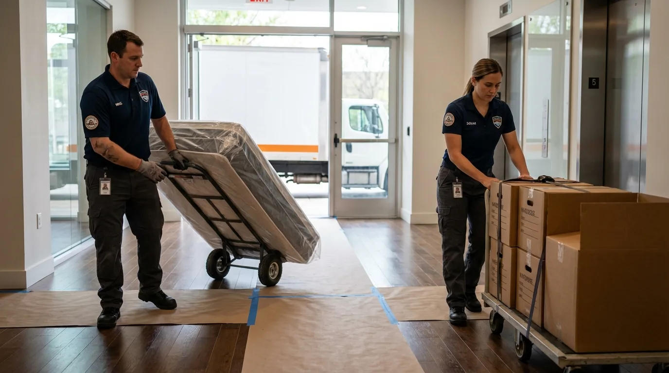 Professional apartment movers loading elevator in Belleville, WI